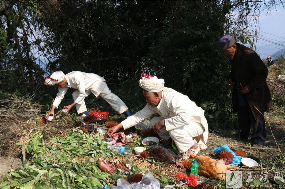 祭祀正式开始，摩批和阿窝虔诚地摆上各种祭品。
